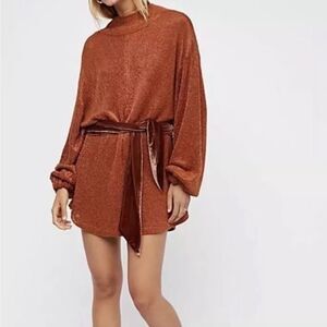 Free People Fete Pumpkin Spice Metallic Sweater Dress Medium Copper chain mail